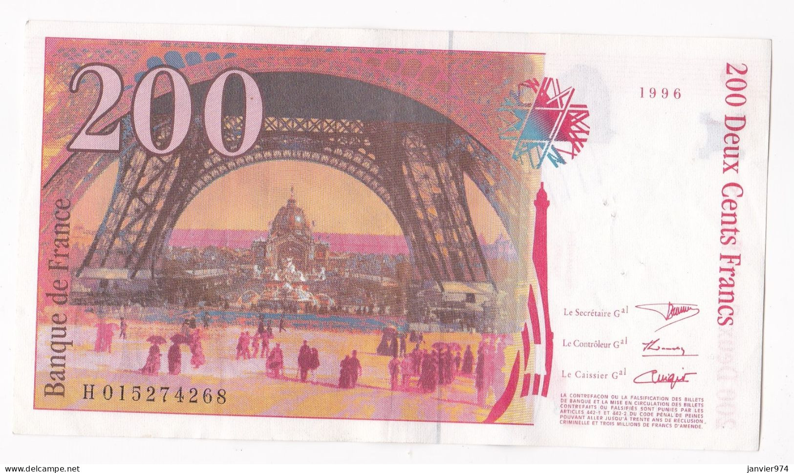 200 Francs Eiffel 1996, Alphabet : H 015274268, Tres Beau Billet - 200 F 1995-1999 ''Eiffel''