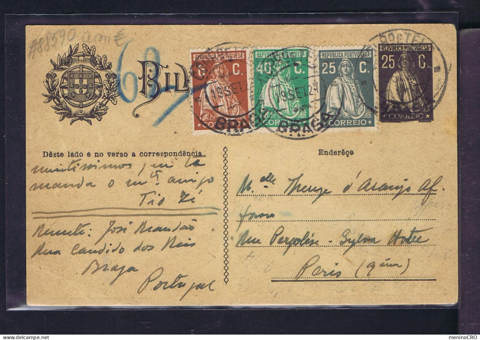 #88590 PORTUGAL Postal Stationery CERES 1927 Braga »Paris - Andere & Zonder Classificatie