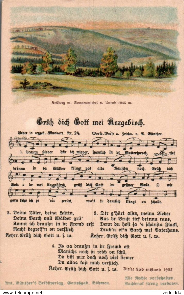 H2072 - Litho Anton Günther Liedkarte - Grüß Dich Gott Mei Arzgebirch ....Gottesgab Böhmen Erzgebirgisches Volkslied - Musique