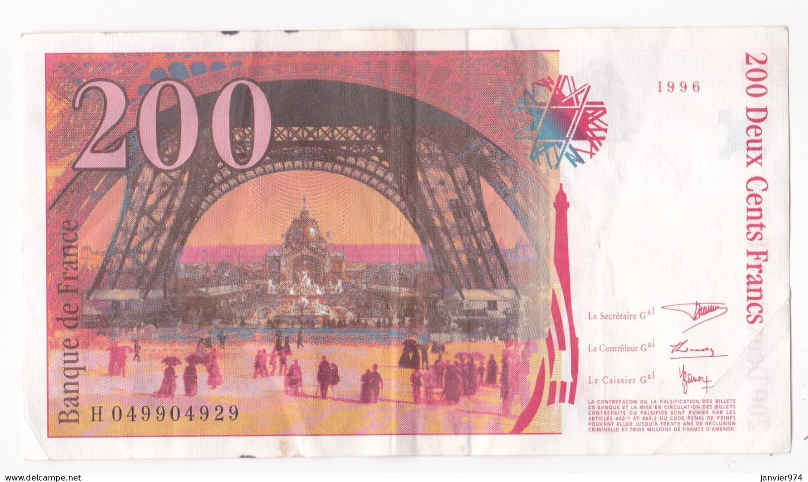 200 Francs Eiffel 1996, Alphabet : H 049904929, Tres Beau Billet - 200 F 1995-1999 ''Eiffel''