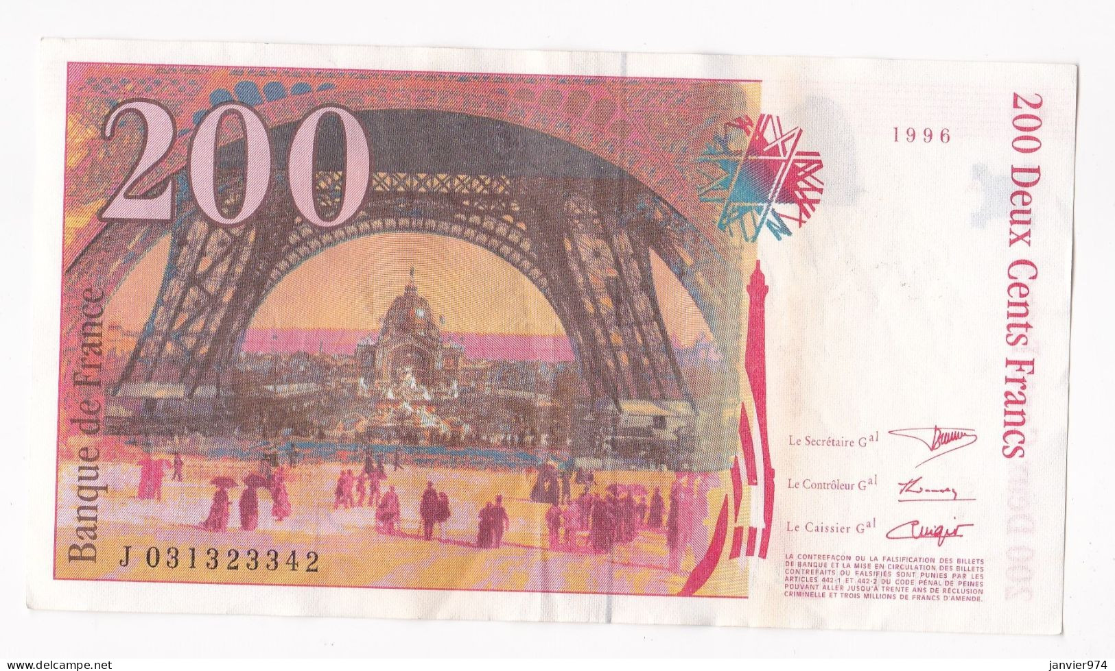 200 Francs Eiffel 1996, Alphabet : J 031323342, Tres Beau Billet - 200 F 1995-1999 ''Eiffel''