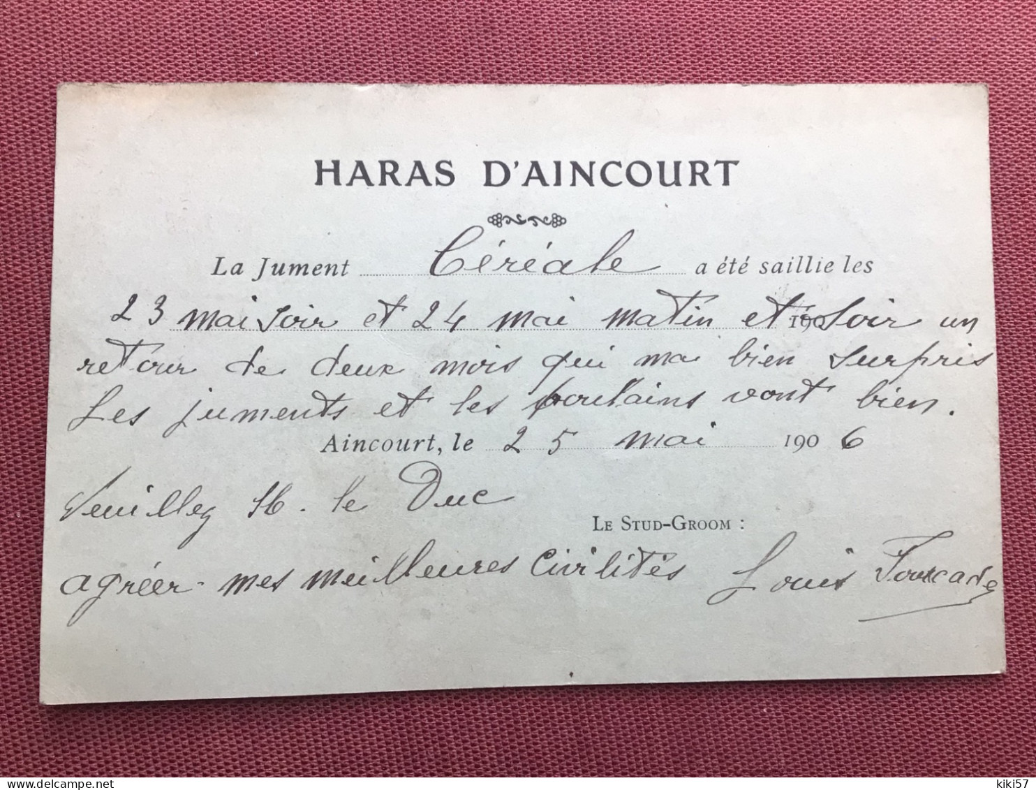 FRANCE Carte Du Haras D’AINCOURT Pour Le Duc De GRAMONT 1906 - Briefe U. Dokumente