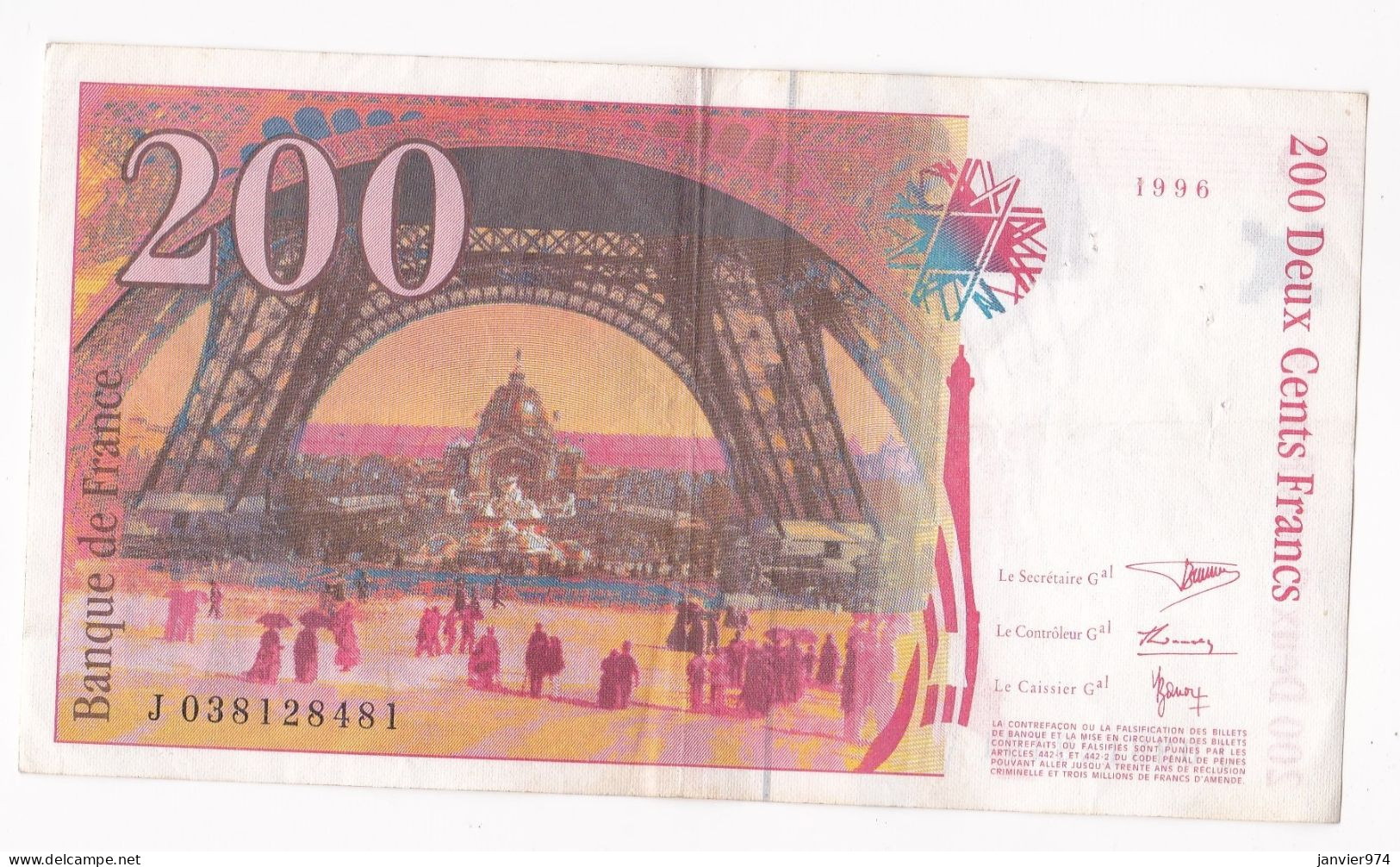 200 Francs Eiffel 1996, Alphabet : J 038128481, Tres Beau Billet - 200 F 1995-1999 ''Eiffel''