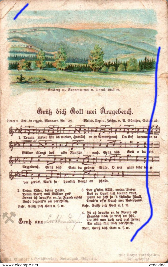 C6649 - Litho Anton Günther Liedkarte - Grüß Dich Gott Mei Arzgeberch ....Gottesgab Böhmen Erzgebirgisches Volkslied - Muziek