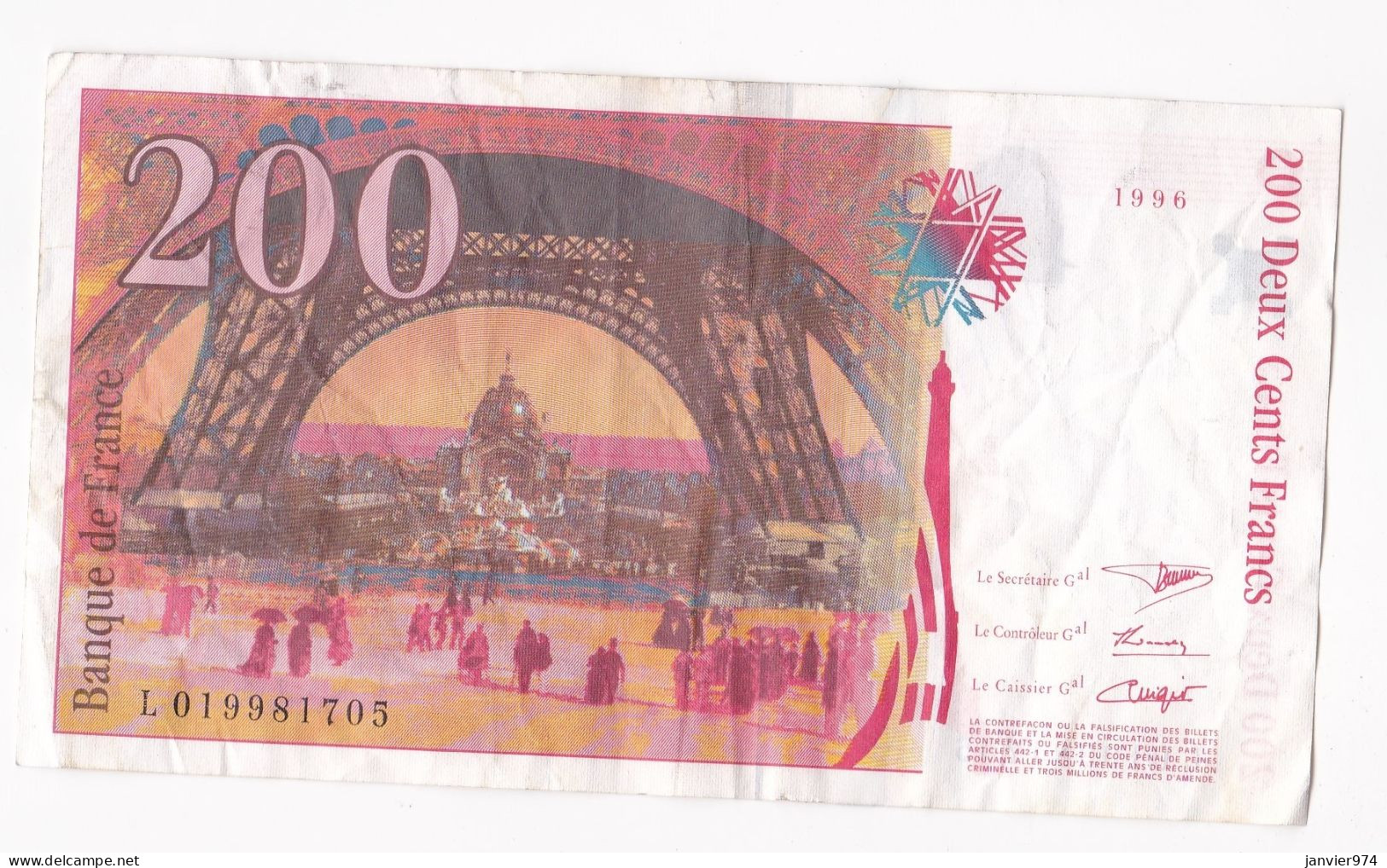 200 Francs Eiffel 1996, Alphabet : L 019981705, Tres Beau Billet - 200 F 1995-1999 ''Eiffel''