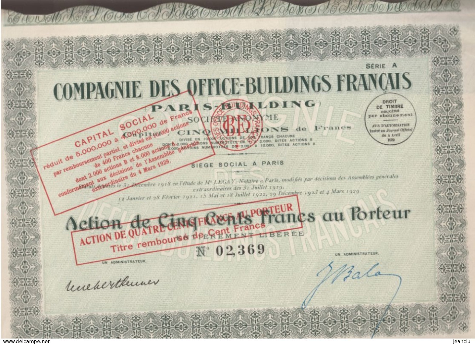 COMPAGNIE DES OFFICES-BUILDINGS FRANCAIS - ACTION DE 500 FRANCS AU PORTEUR Avec MODIFICATION DE VALEUR N° 02.369 - Other & Unclassified