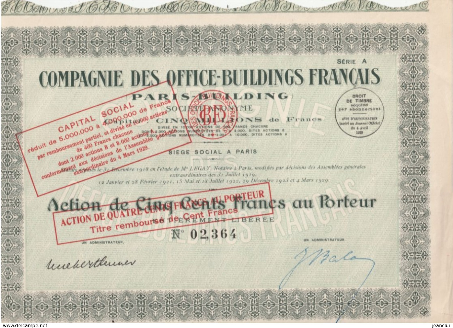 COMPAGNIE DES OFFICES-BUILDINGS FRANCAIS - ACTION DE 500 FRANCS AU PORTEUR Avec MODIFICATION DE VALEUR N° 02.364 - Autres & Non Classés