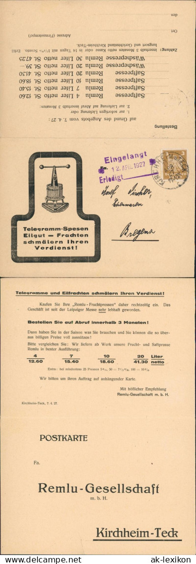 Kirchheim Teck Reklame & Werbung Remlu GmbH Frachten, Einlagerung 1927 - Advertising