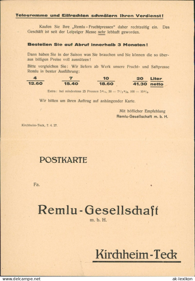 Kirchheim Teck Reklame & Werbung Remlu GmbH Frachten, Einlagerung 1927 - Advertising