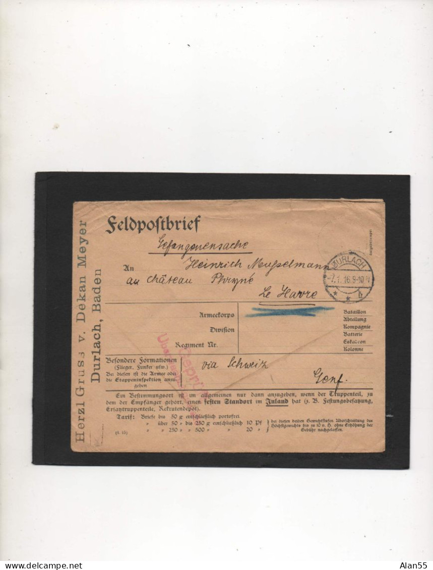 ALLEMAGNE,1916,PRISONNIER DE GUERRE ALLEMAND EN FRANCE, « CHATEAU PHRYGNE » LE HAVRE (SEINE MARITIME) - Prisoners Of War Mail
