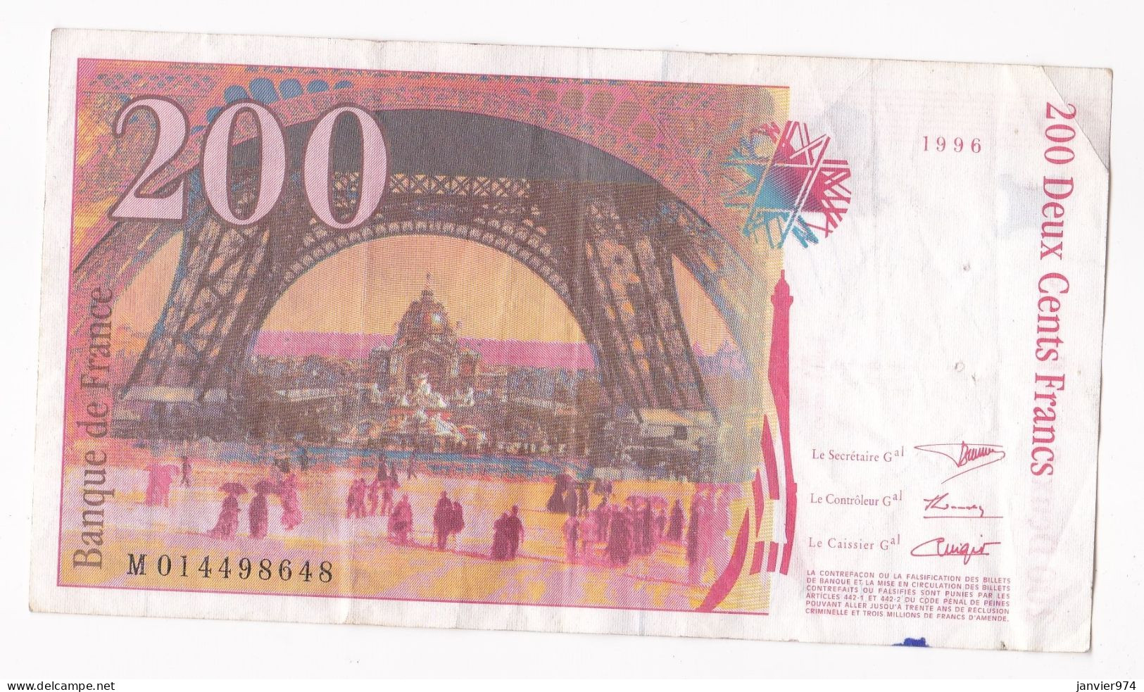 200 Francs Eiffel 1996, Alphabet : M 014498648, Tres Beau Billet - 200 F 1995-1999 ''Eiffel''