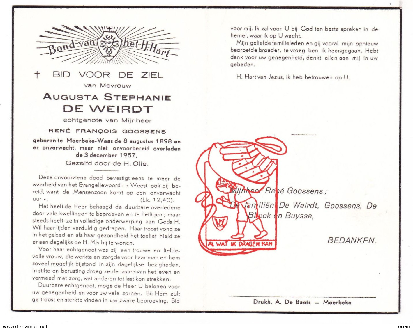 DP Augusta Stephanie De Weirdt ° Moerbeke Waas 1898 † 1957 X René Goossens // De Blieck Buysse - Devotion Images