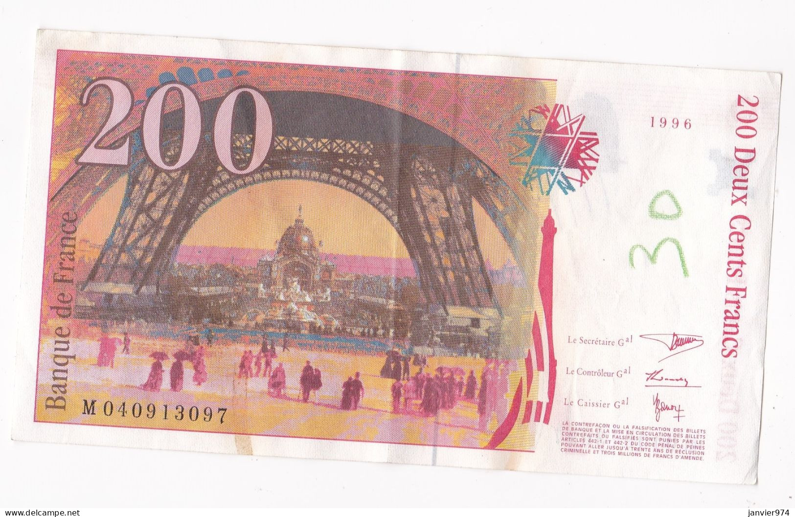 200 Francs Eiffel 1996, Alphabet : M 040913097, Tres Beau Billet - 200 F 1995-1999 ''Eiffel''