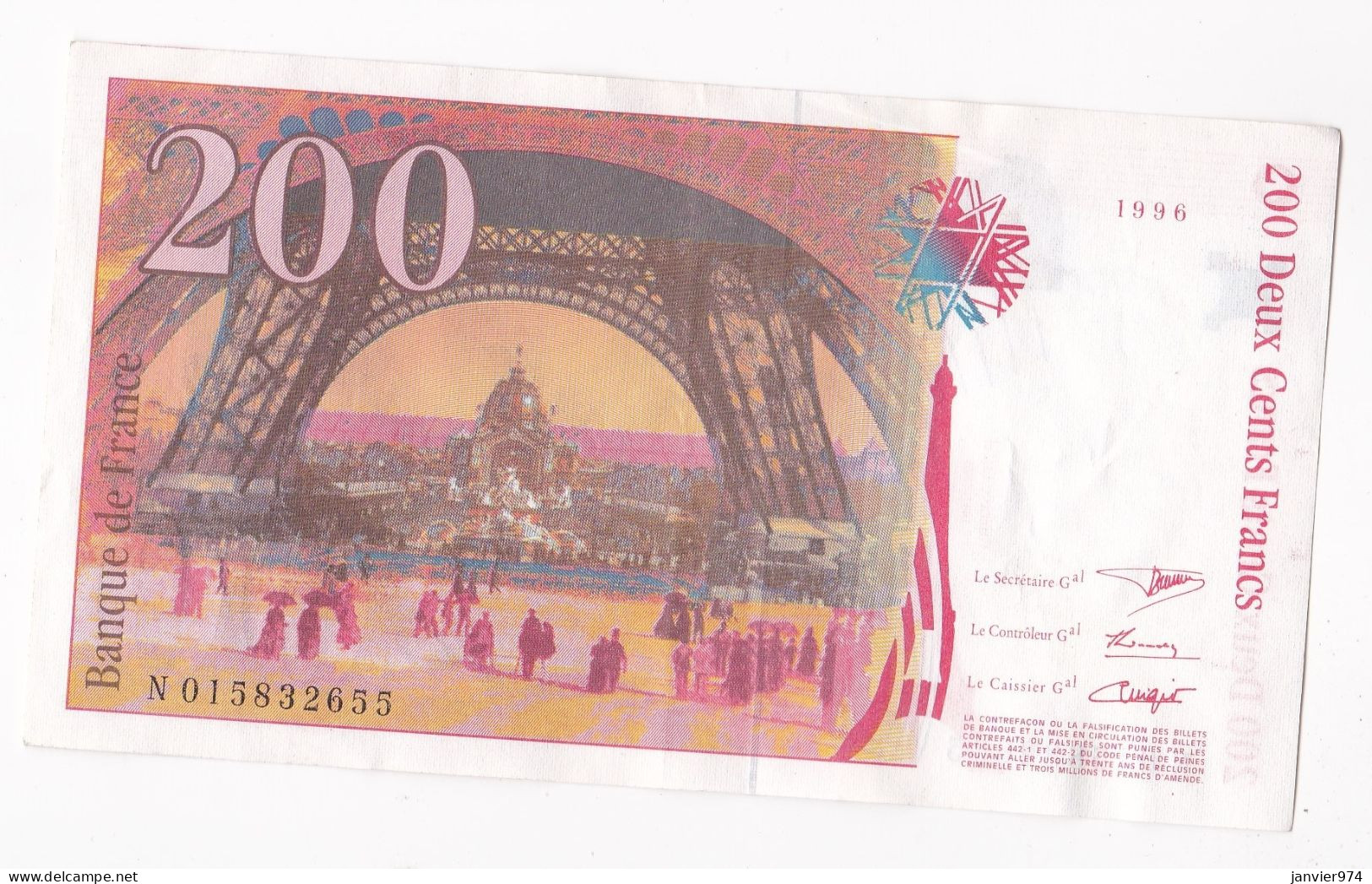 200 Francs Eiffel 1996, Alphabet : N 015832655, Tres Beau Billet - 200 F 1995-1999 ''Eiffel''