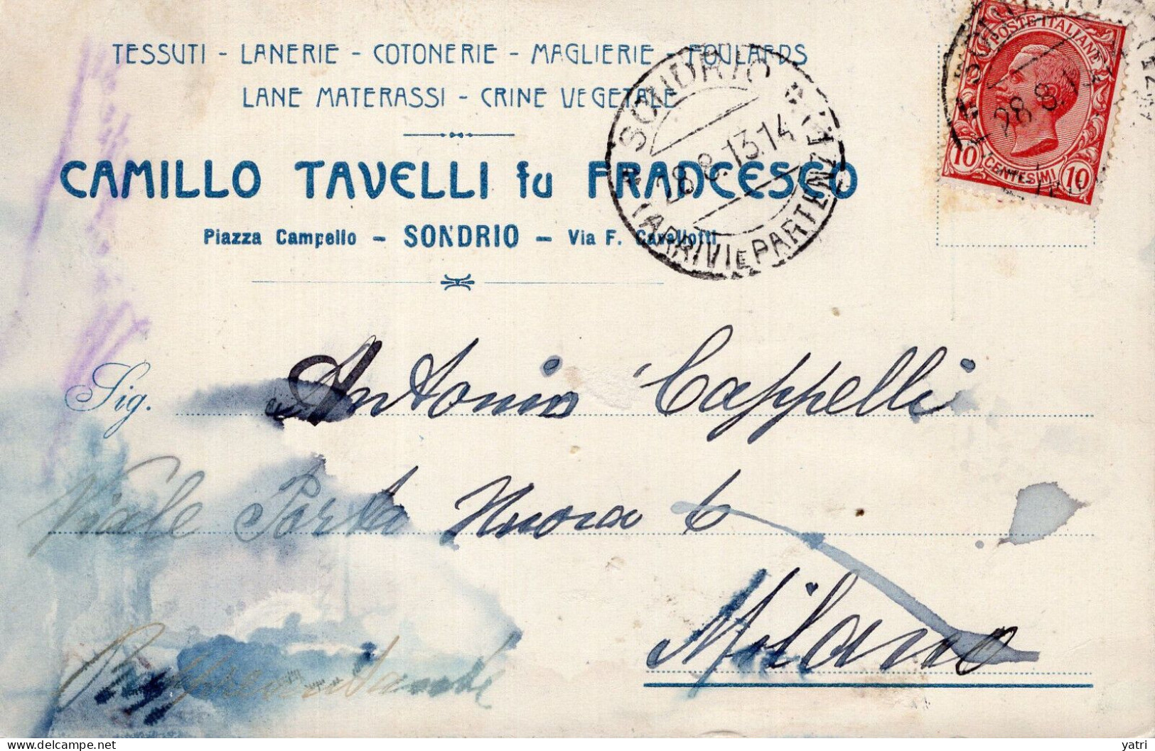Regno D'Italia (1913) - Ditta Claudio Tavelli - Cartolina Da Sondrio Per Milano - Marcophilie