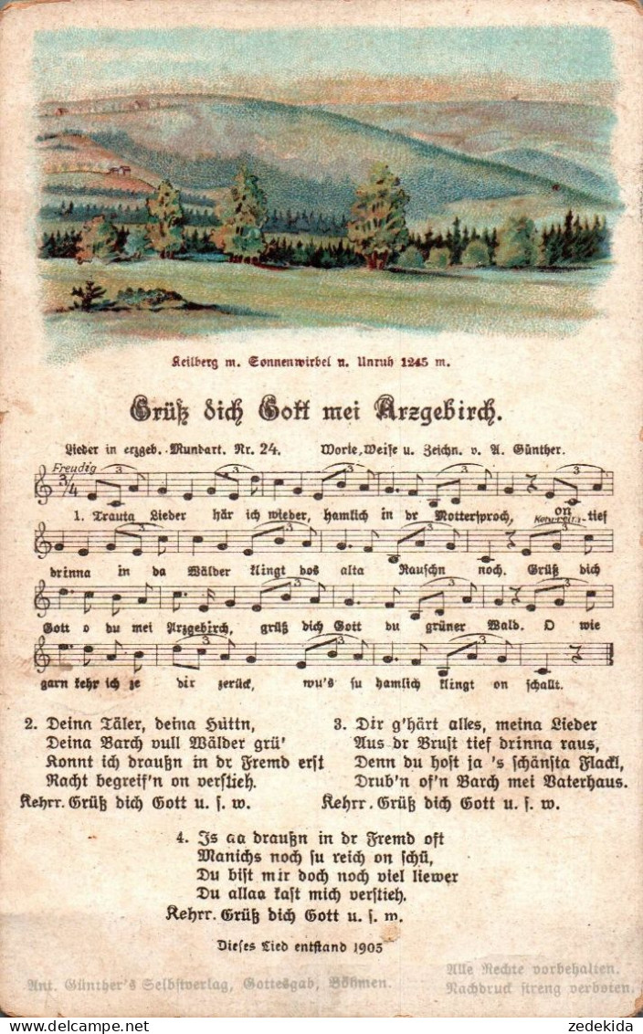 H2075 - Litho Anton Günther Liedkarte - Grüß Dich Gott Mei Arzgebirch ....Gottesgab Böhmen Erzgebirgisches Volkslied - Muziek