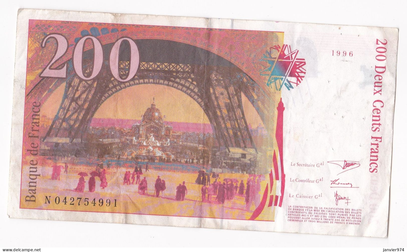 200 Francs Eiffel 1996, Alphabet : N 042754991, Tres Beau Billet - 200 F 1995-1999 ''Eiffel''