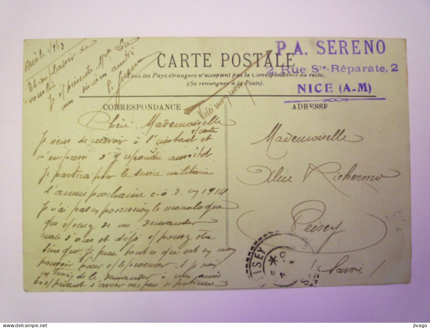 2024 - 1719  SEMEUSE  10 C  Perforée  C P  Sur Carte Postale De 1913   XXX - Covers & Documents