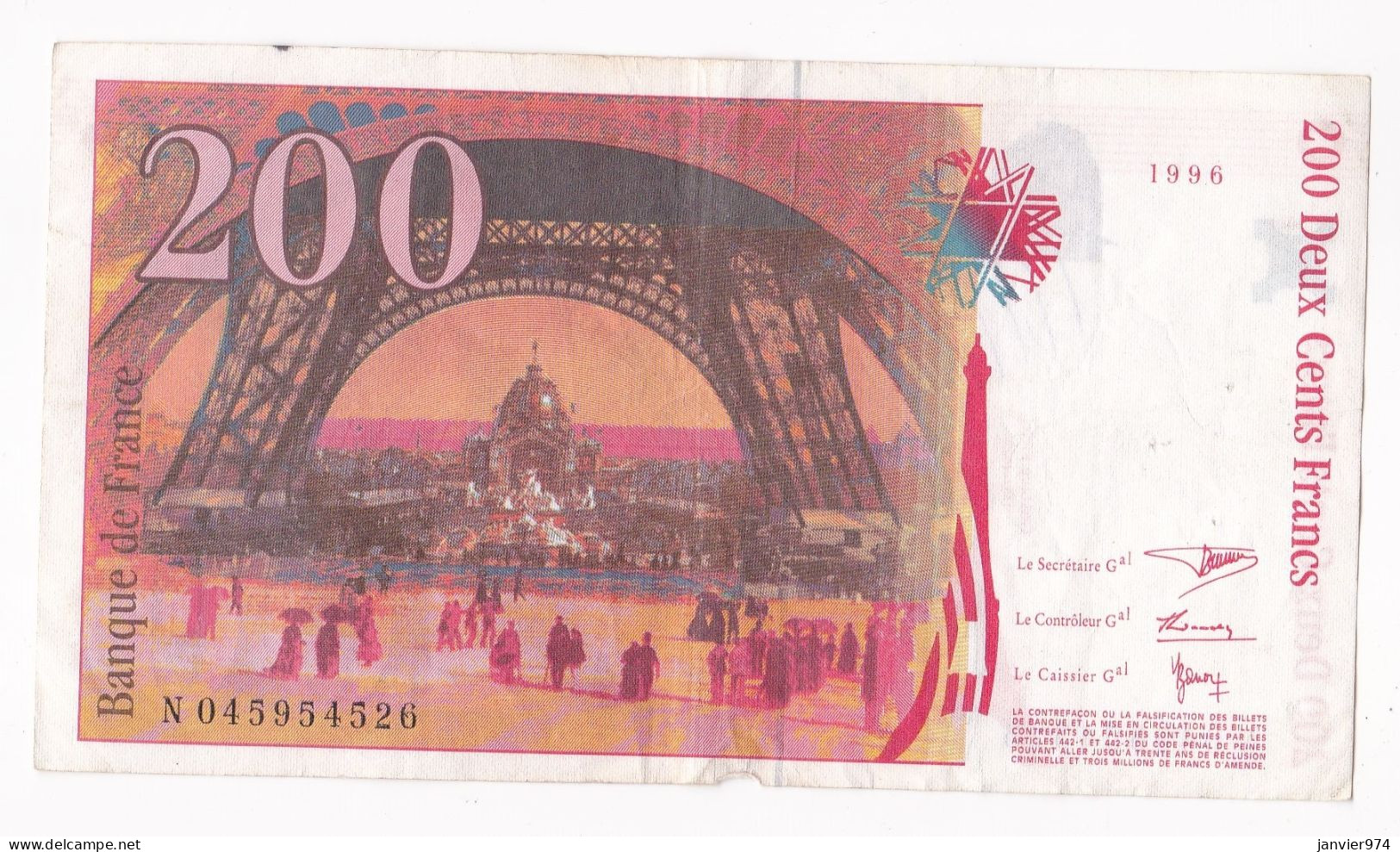 200 Francs Eiffel 1996, Alphabet : N 045954526, Tres Beau Billet - 200 F 1995-1999 ''Eiffel''