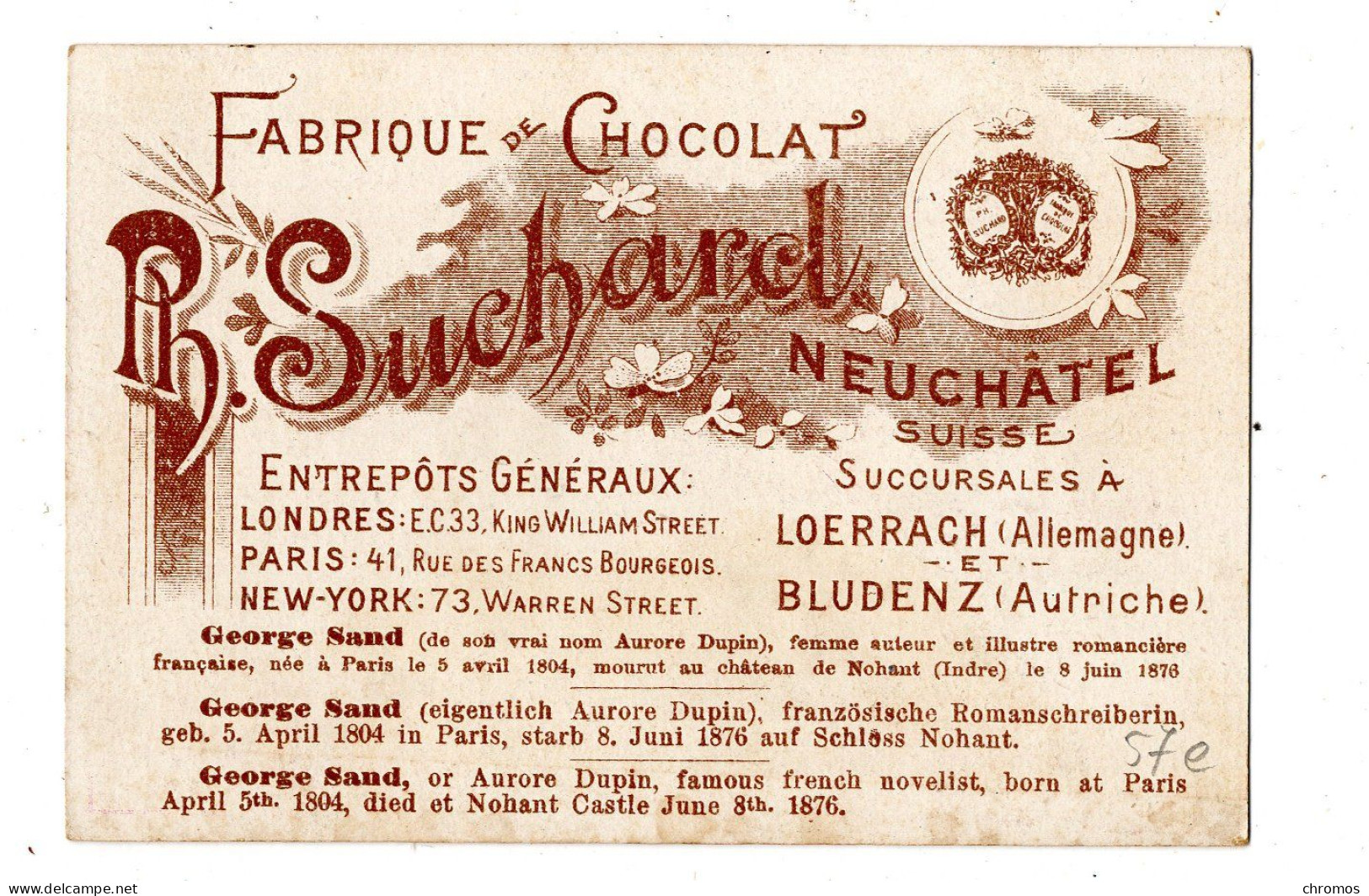 Chromo Chocolat Suchard S 57 / E, Serie Femmes Célèbres, Georges Sand - Suchard