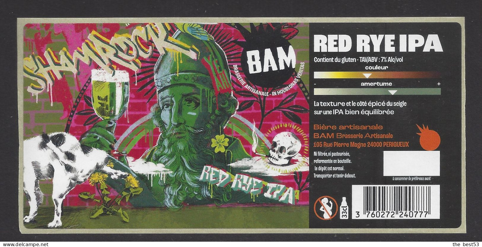 Etiquette De Bière Red Rye IPA  -  Sham Rock  -   Brasserie BAM  à Périgueux  (24) - Beer