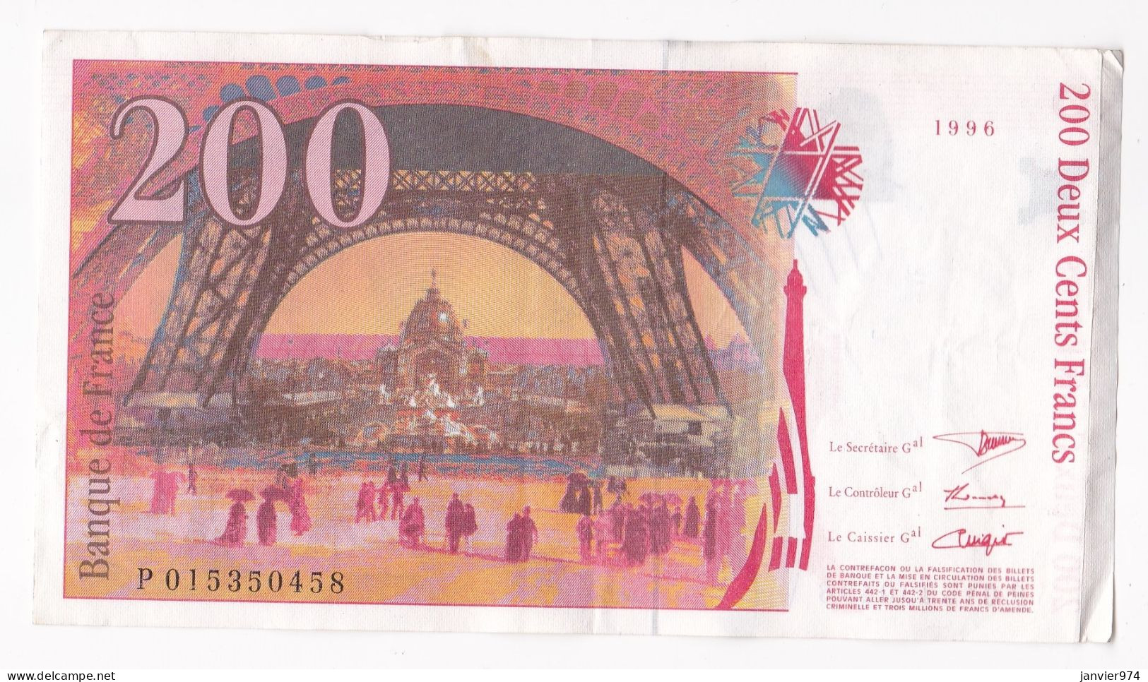 200 Francs Eiffel 1996, Alphabet : P 015350458, Tres Beau Billet - 200 F 1995-1999 ''Eiffel''