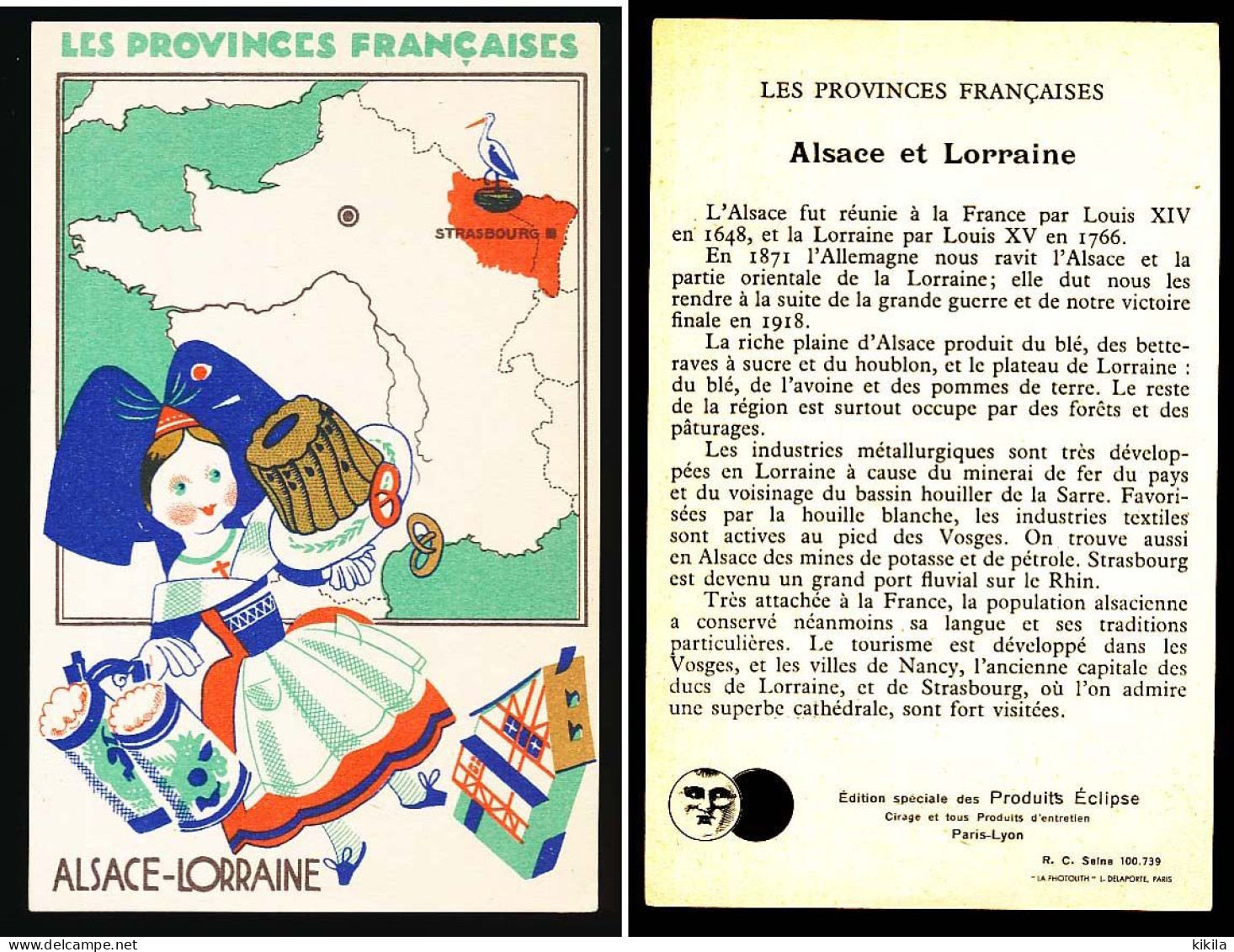 Carton 9 X 14 Les Provinces Françaises ALSACE-LORRAINE Alsacienne Bière Cigogne Maison Publicité Produits Eclipse - Costumi