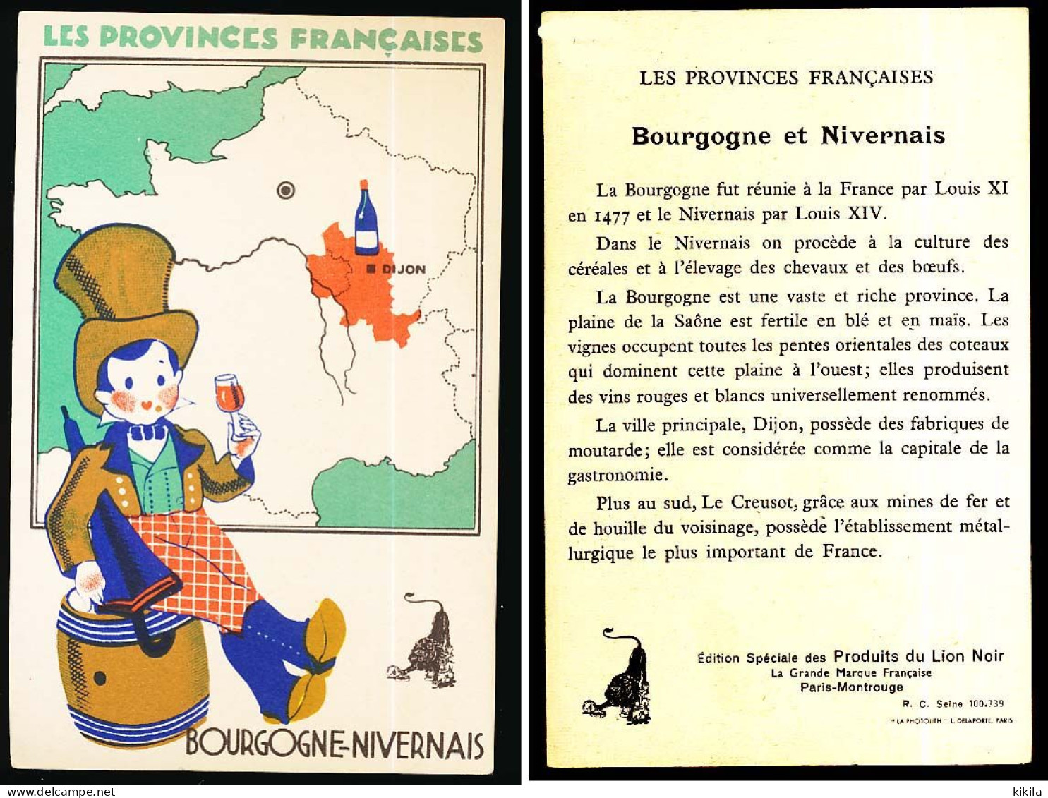 Carton 9 X 14 Les Provinces Françaises BOURGOGNE-NIVERNAIS Vin Tonneau Vigneron Parapluie Publicité Lion Noir - Costumes