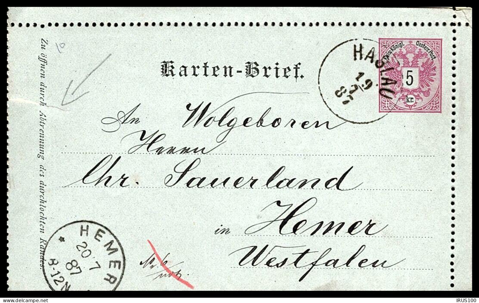 CARTE LETTRE DE HASLAU "1887" 5kr Rose - Cartes-lettres