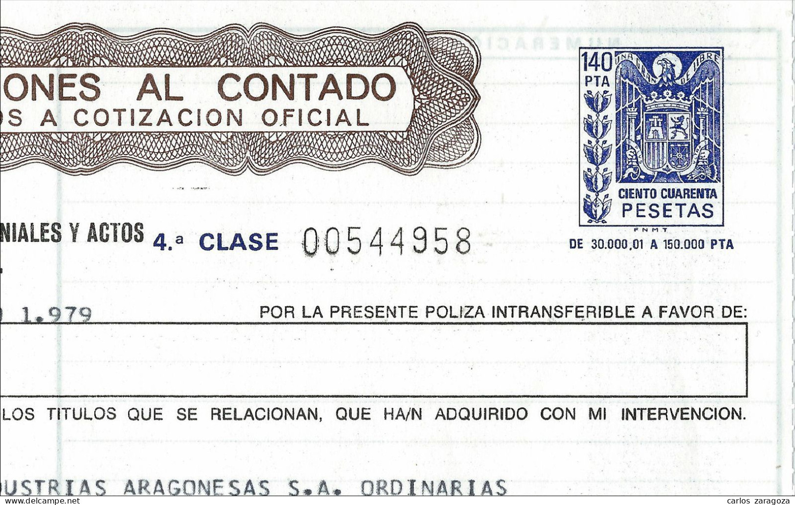 Póliza De OPERACIONES AL CONTADO—Timbre 4a Clase 140 Ptas—Timbrología—Entero Fiscal 1979 - Fiscali