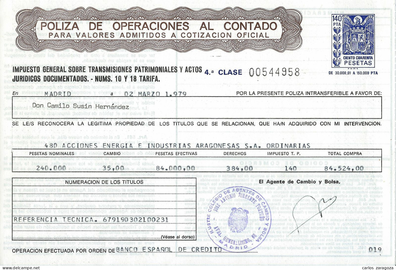 Póliza De OPERACIONES AL CONTADO—Timbre 4a Clase 140 Ptas—Timbrología—Entero Fiscal 1979 - Fiscale Zegels