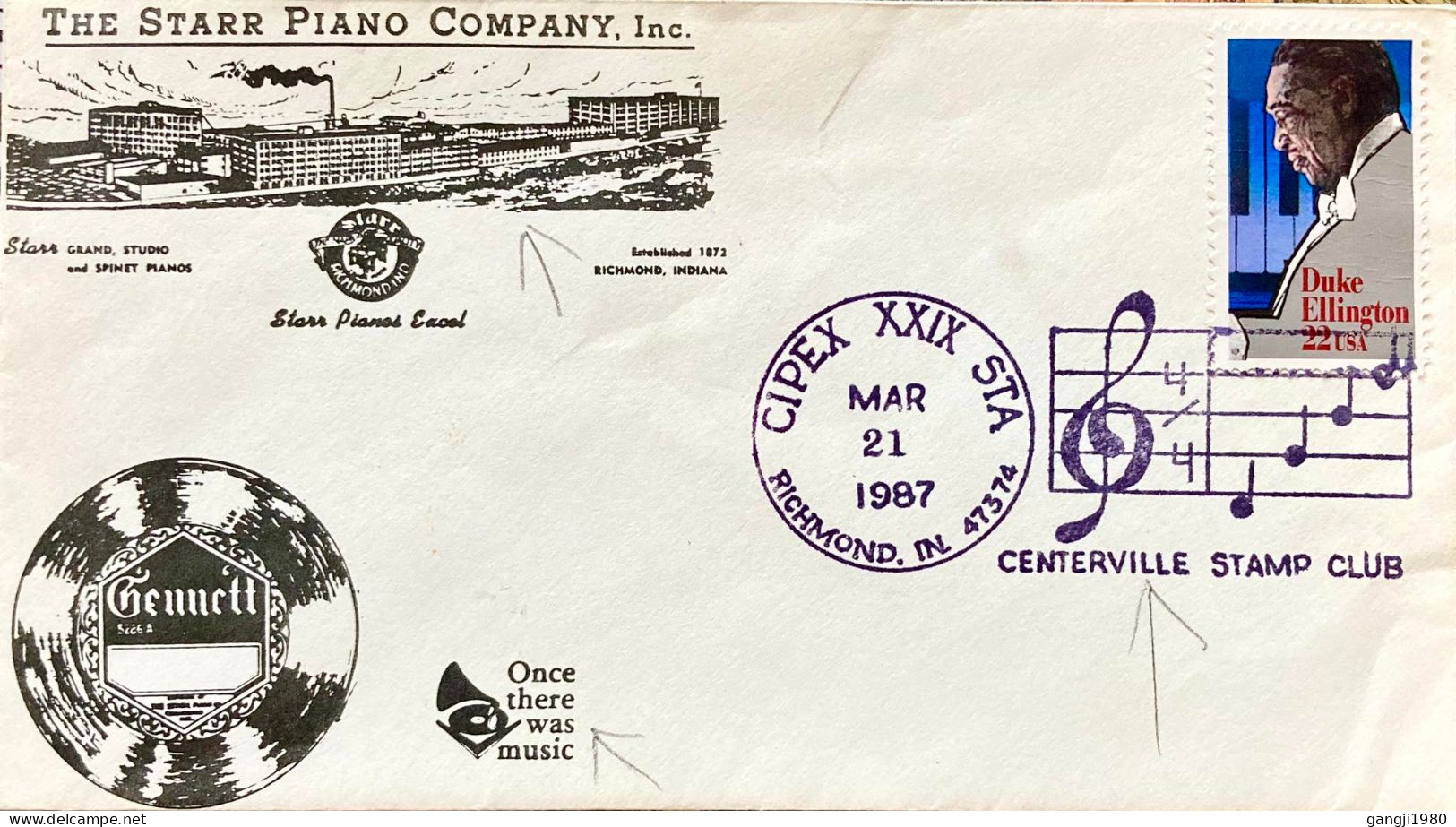 USA 1987, ADVERTISING COVER, THE STAR PIANO MUSIC, CENTERVILLE STAMP CLUB, CIPEX, RICHMOND CITY CANCEL WITH CACHET - Covers & Documents