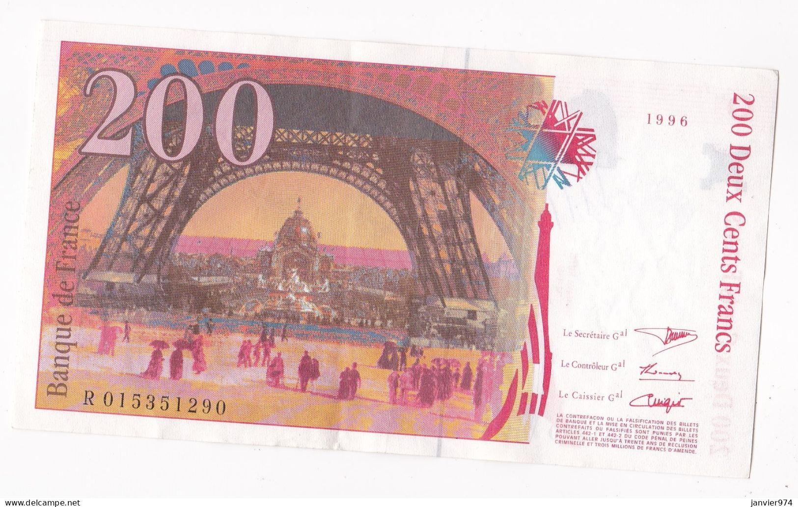 200 Francs Eiffel 1996, Alphabet : R 015351290, Tres Beau Billet - 200 F 1995-1999 ''Eiffel''