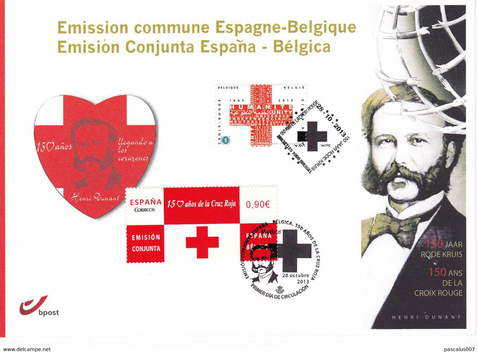 18-48 4380  EC CS HK BK 4380 FDC Emission Commune Belgique Espagne  Carte Souvenir  Croix Rouge 150 Ans Henri Dunant  28 - Cartoline Commemorative - Emissioni Congiunte [HK]