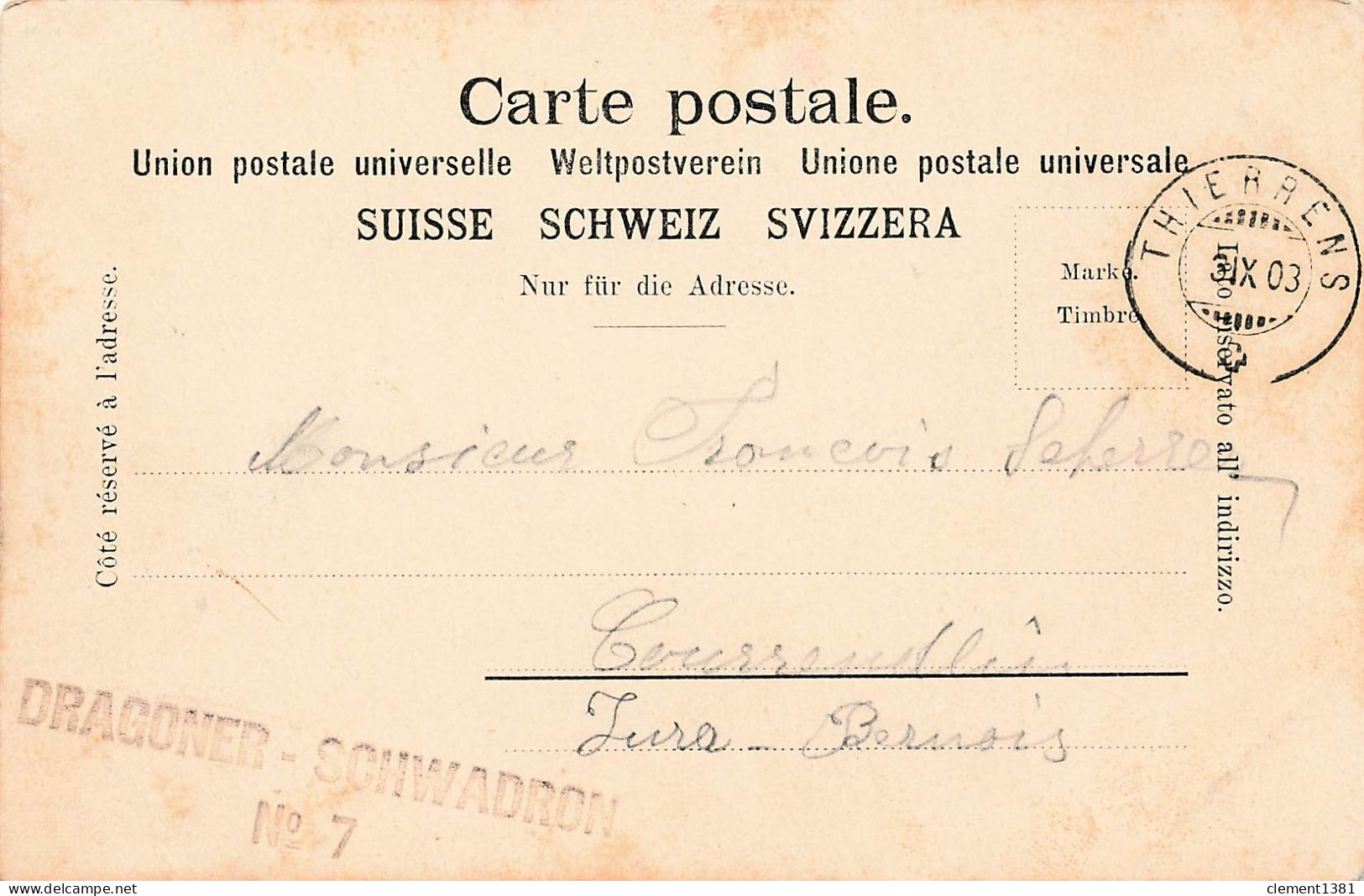 Suisse Franchise Militaire Dragoner Schwadron N°7 Militaria Sur Cpa De L'eglise De Thierrens - Storia Postale