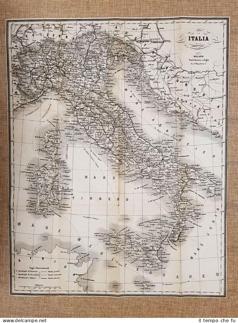 Antica E Rara Carta Geografica L'Italia Anno 1871 Ferdinando Artaria E Figlio - Geographical Maps