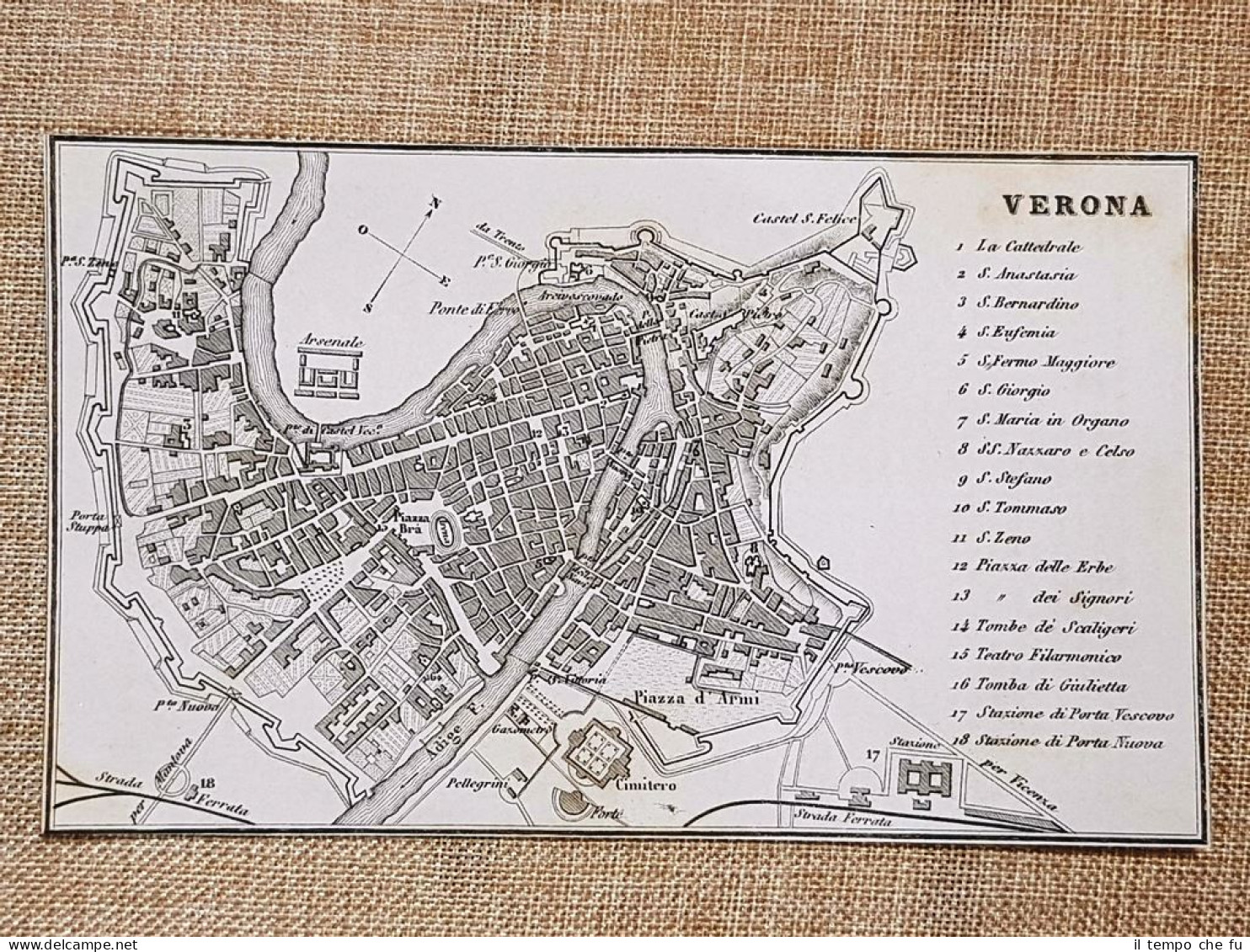 Rara Ed Antica Pianta Topografica Verona Anno 1871 Ferdinando Artaria E Figlio - Geographical Maps