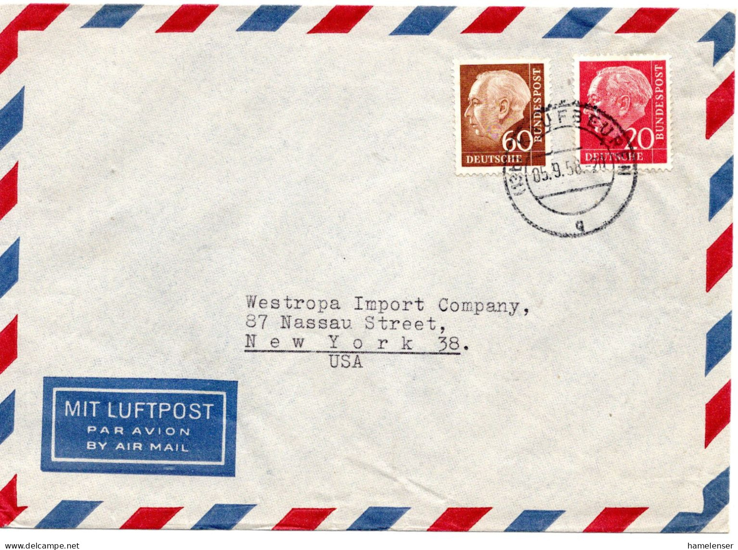 78247 - Bund - 1958 - 60Pfg Heuss II MiF A LpBf KAUFBEUREN -> New York, NY (USA) - Briefe U. Dokumente