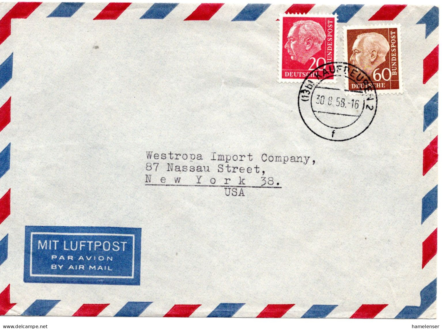 78248 - Bund - 1958 - 60Pfg Heuss II MiF A LpBf KAUFBEUREN -> New York, NY (USA) - Cartas & Documentos
