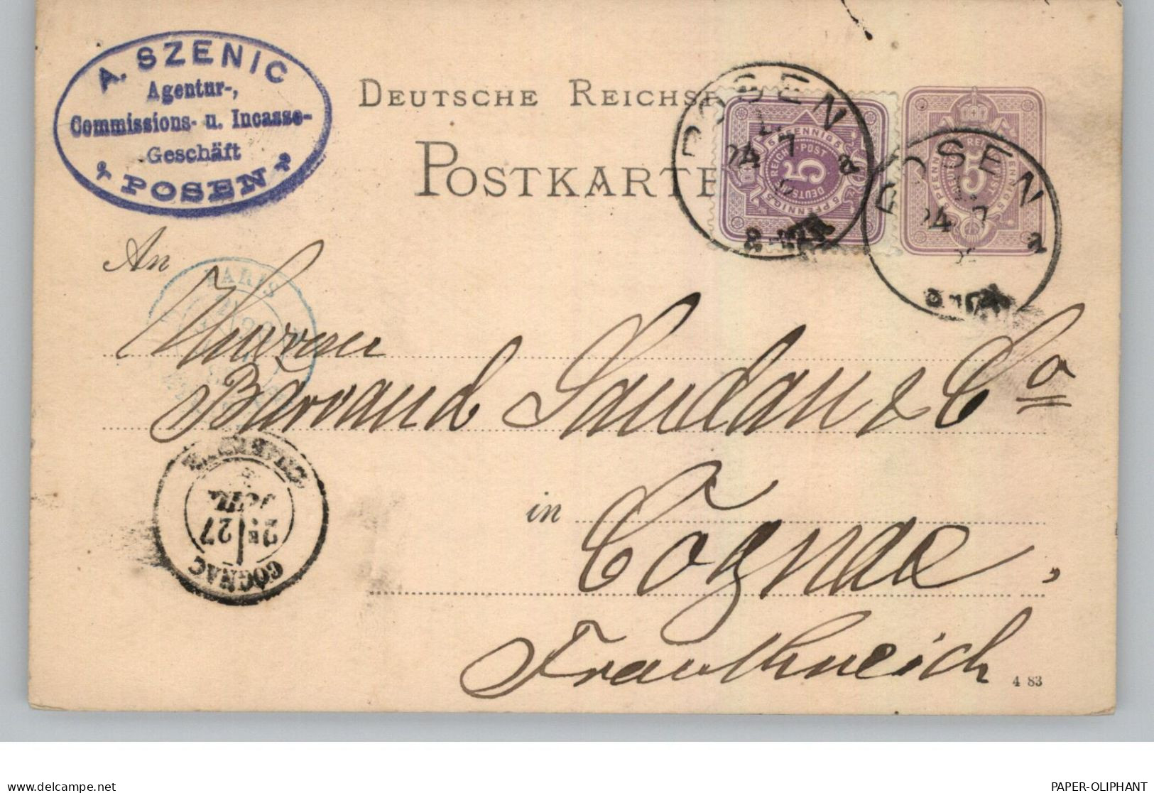 POSEN / POZNAN, Postgeschichte, GA Mit Zusatzfrankatur Nach Cognac, Einkreisstempel 1883 - Posen