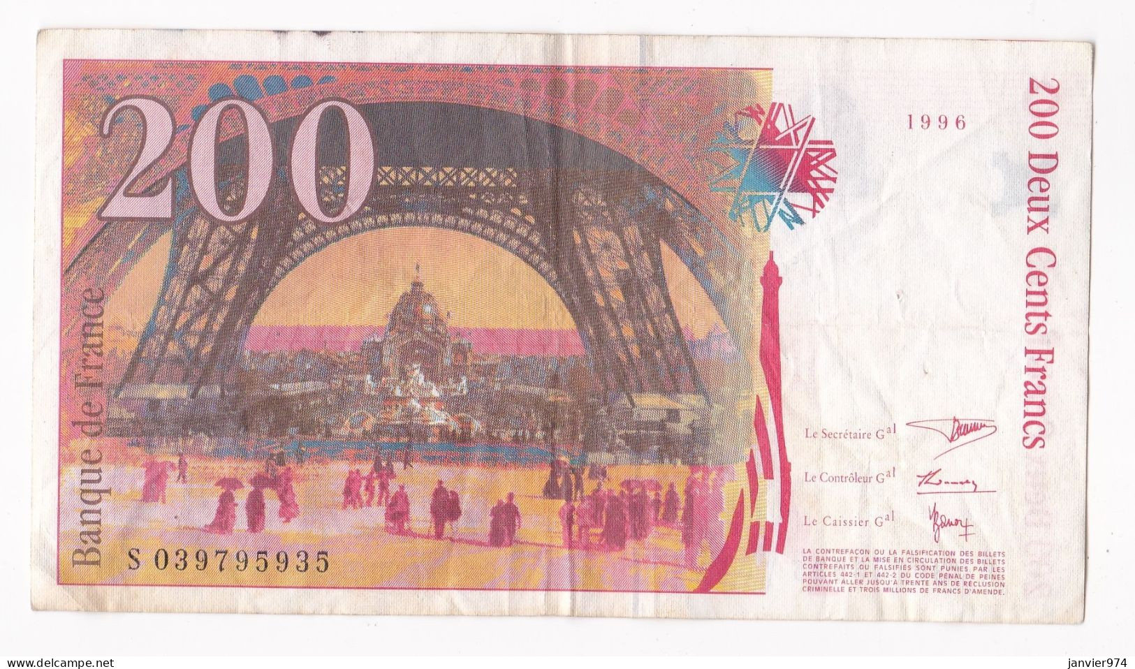 200 Francs Eiffel 1996, Alphabet : S 039795935, Tres Beau Billet - 200 F 1995-1999 ''Eiffel''