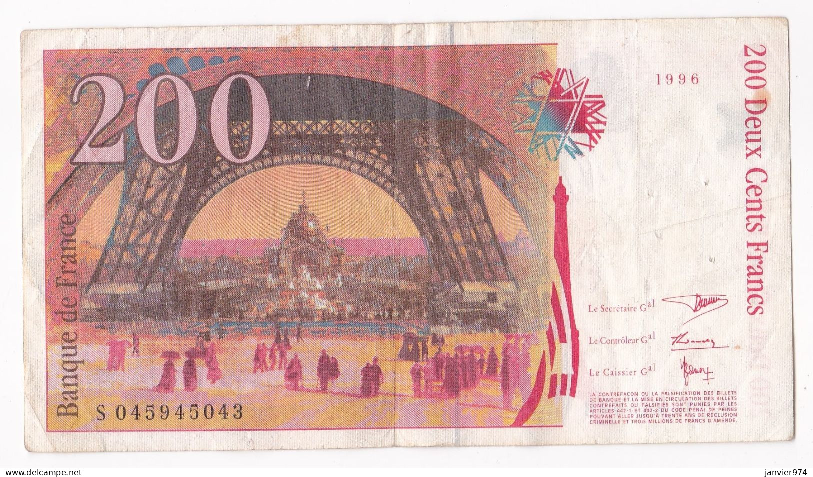 200 Francs Eiffel 1996, Alphabet : S 045945043, Tres Beau Billet - 200 F 1995-1999 ''Eiffel''