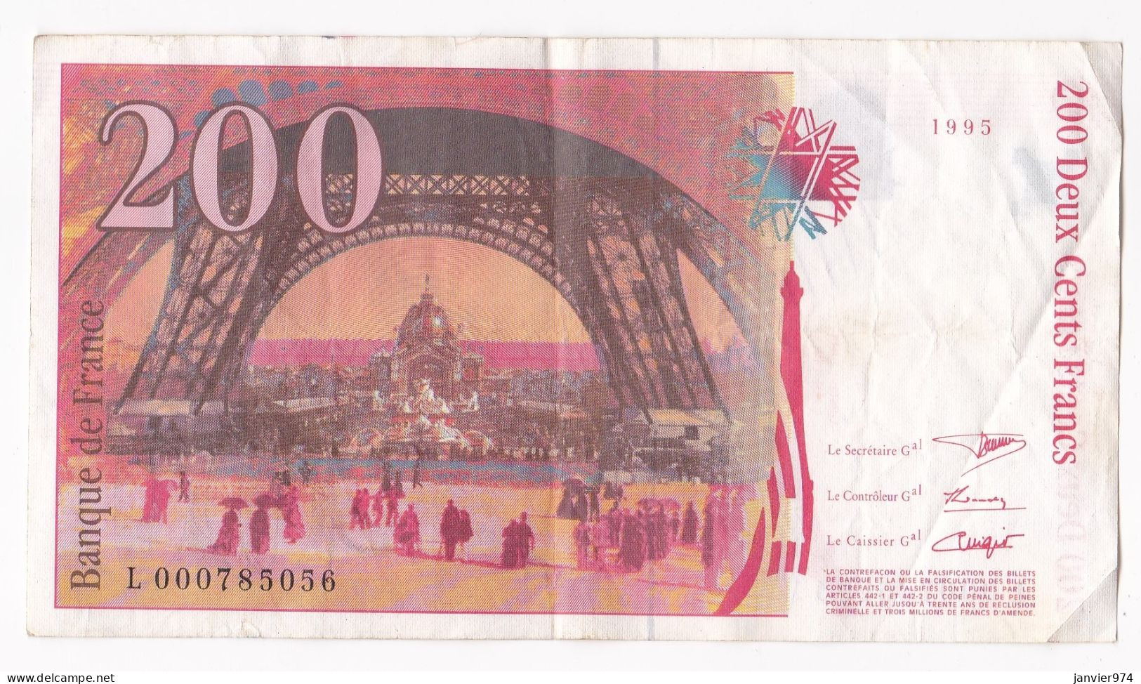 200 Francs Eiffel 1995, Alphabet : L 000785056, Tres Beau Billet - 200 F 1995-1999 ''Eiffel''