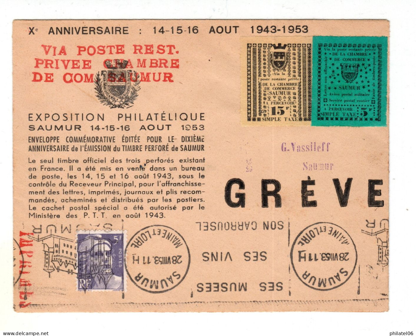FRANCE  GREVE DE SAUMUR 1953  LETTRE AVEC TIMBRE ET UN ESSAI DE COULEUR  TB - Dokumente