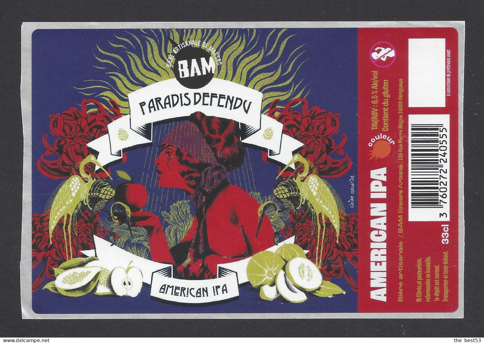 Etiquette De Bière Américan IPA  -  Paradis Défendu -   Brasserie BAM  à Périgueux  (24) - Beer