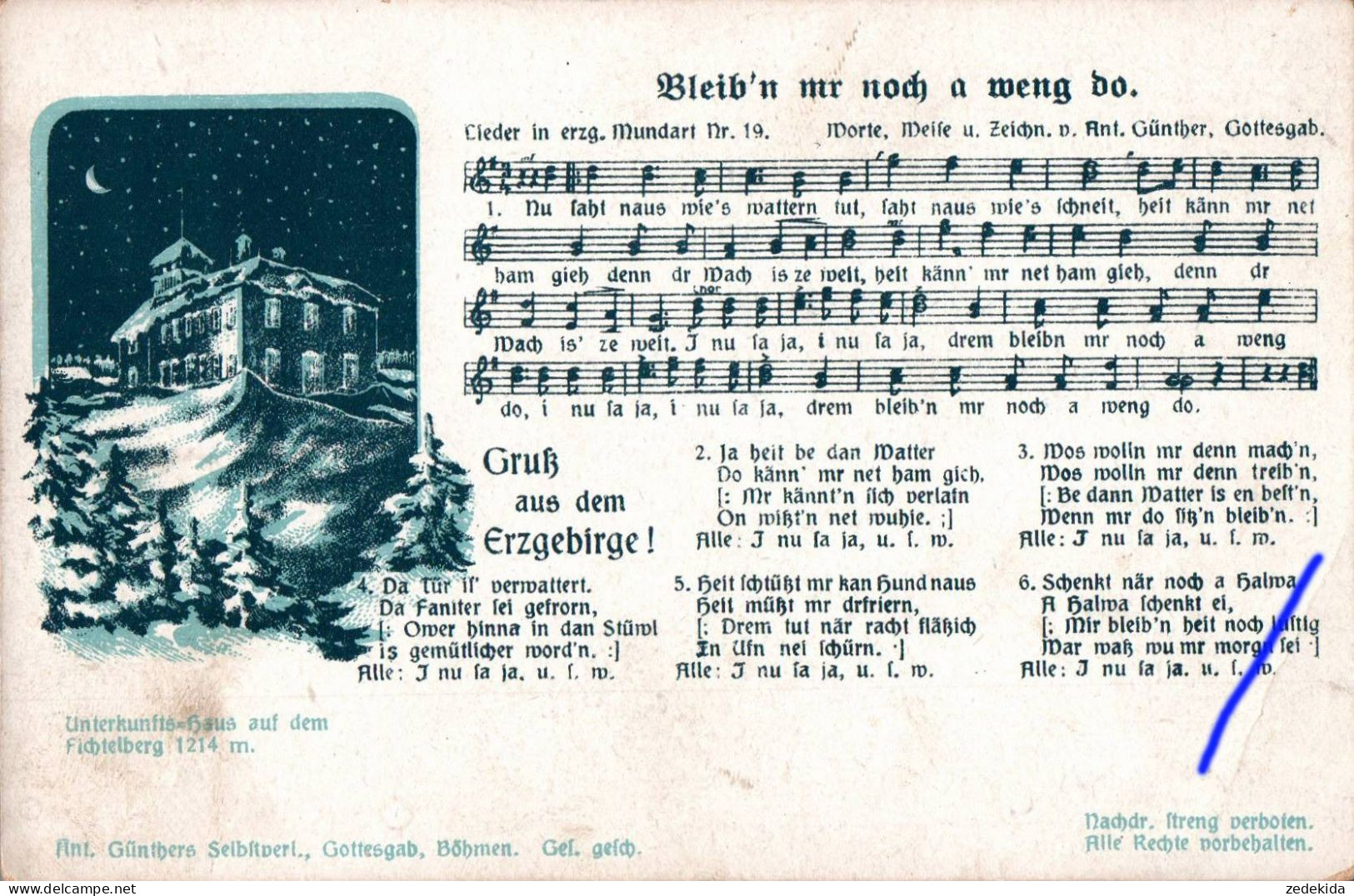 H2094 - Litho Anton Günther Liedkarte - Bleibn Mr Noch A Weng Do .... Böhmen Erzgebirgisches Volkslied - Muziek En Musicus