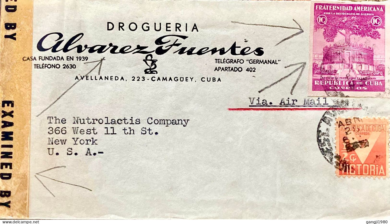 CUBA 1942, CENSOR, ADVERTISING COVER USED TO USA, IMPERF STAMP TREE, DRUG FARM  ALVAREZ FUENTES, CAMAGUEY CITY CANCEL - Covers & Documents