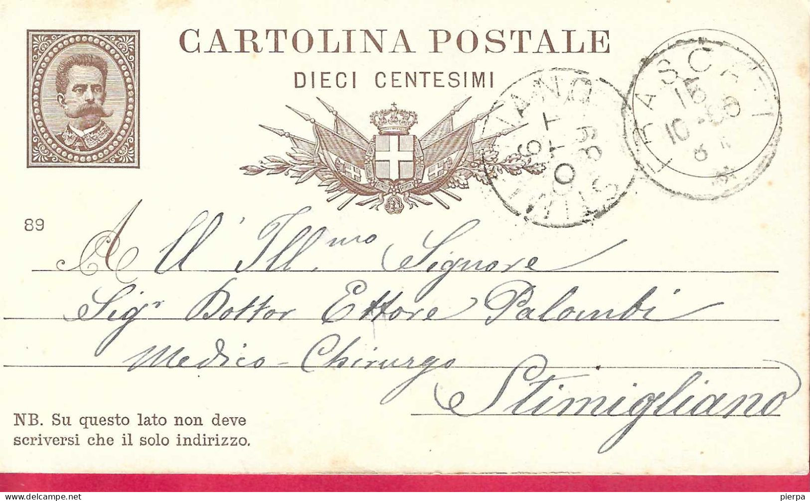 INTERO CARTOLINA POSTALE UMBERTO (INT. 7/89) DA FRASCATI *15.10.89* PER STIMIGLIANO - Stamped Stationery