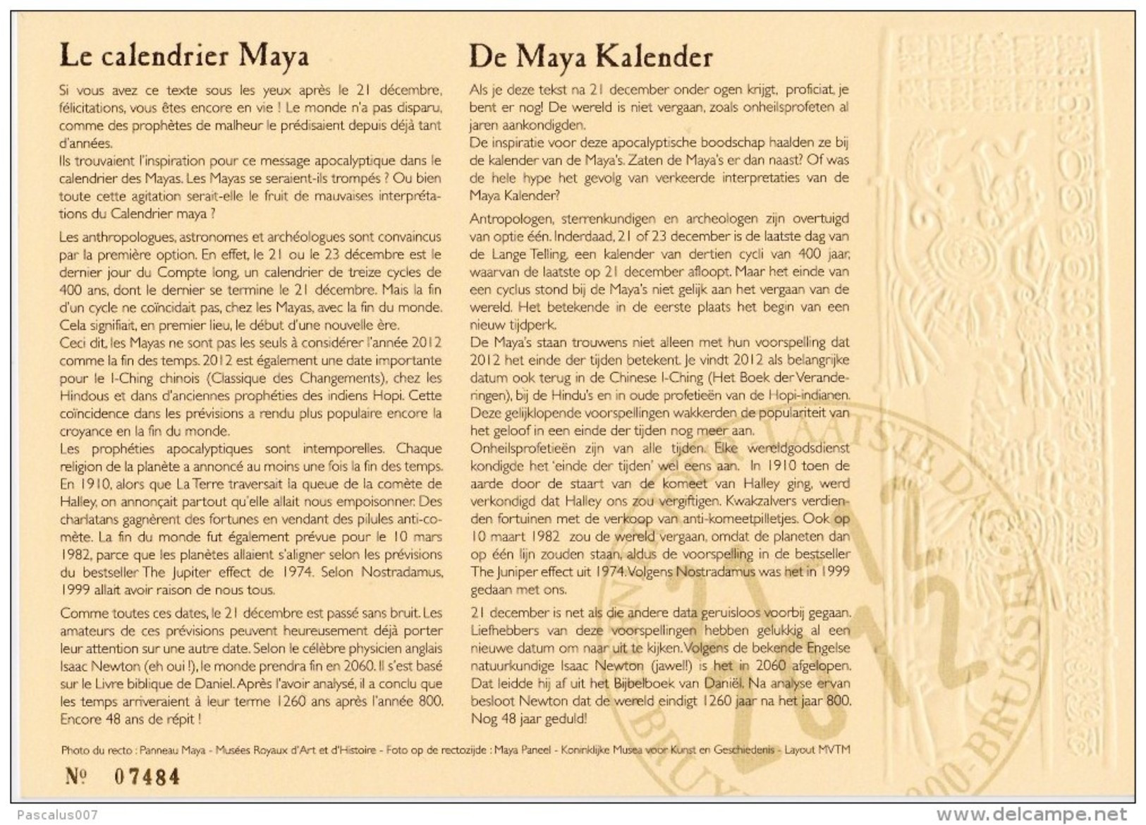 B01-192 Carte Souvenir - Cs - Hk 4194 FDS LDS Belgique Le Calendrier Maya Last Day Sheet 21-12-2012 Bruxelles 1000 Bruss - Cartas Commemorativas - Emisiones Comunes [HK]