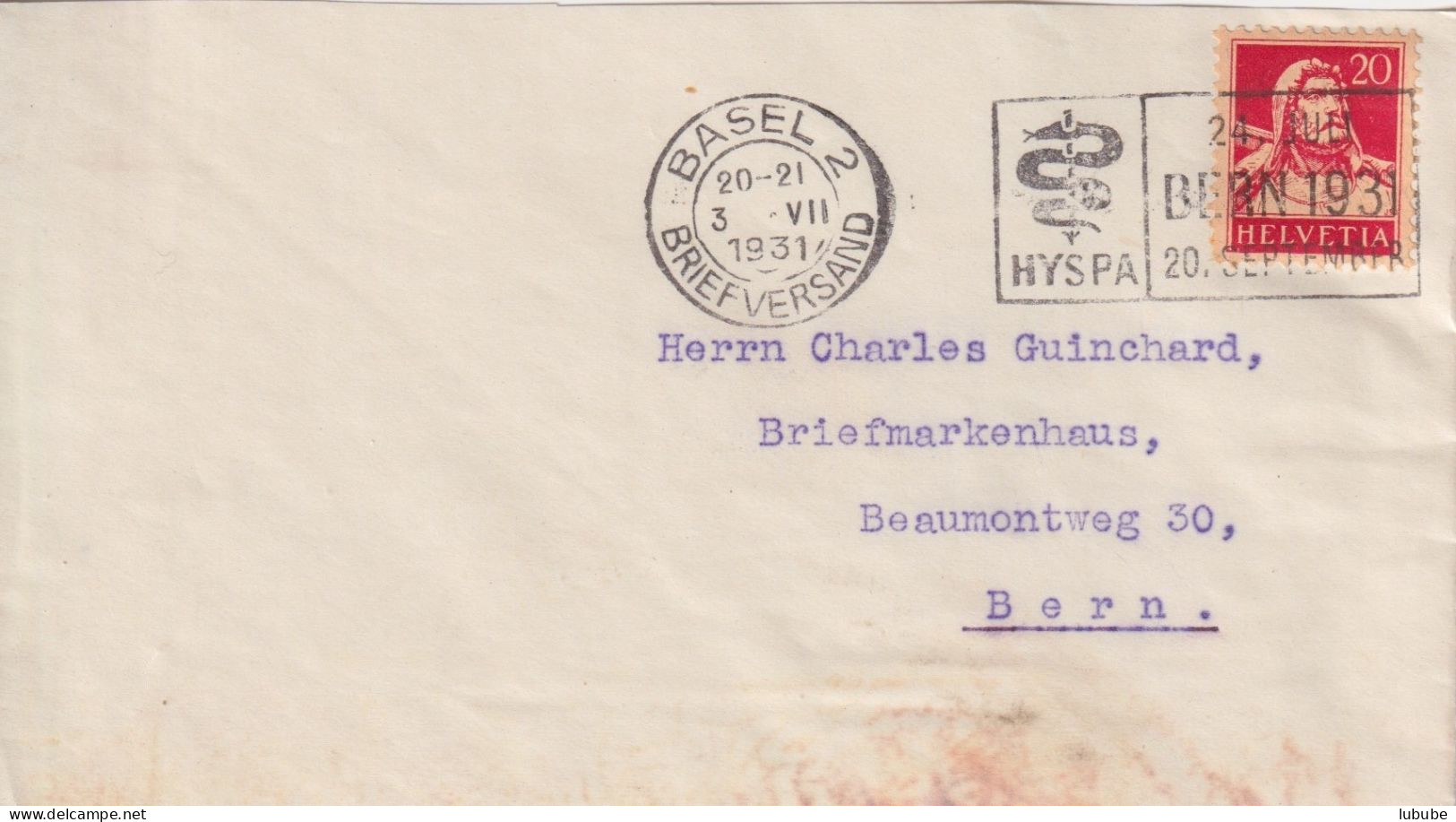 Briefvs  Basel - Bern  (Flagge "HYSPA Bern")        1931 - Briefe U. Dokumente